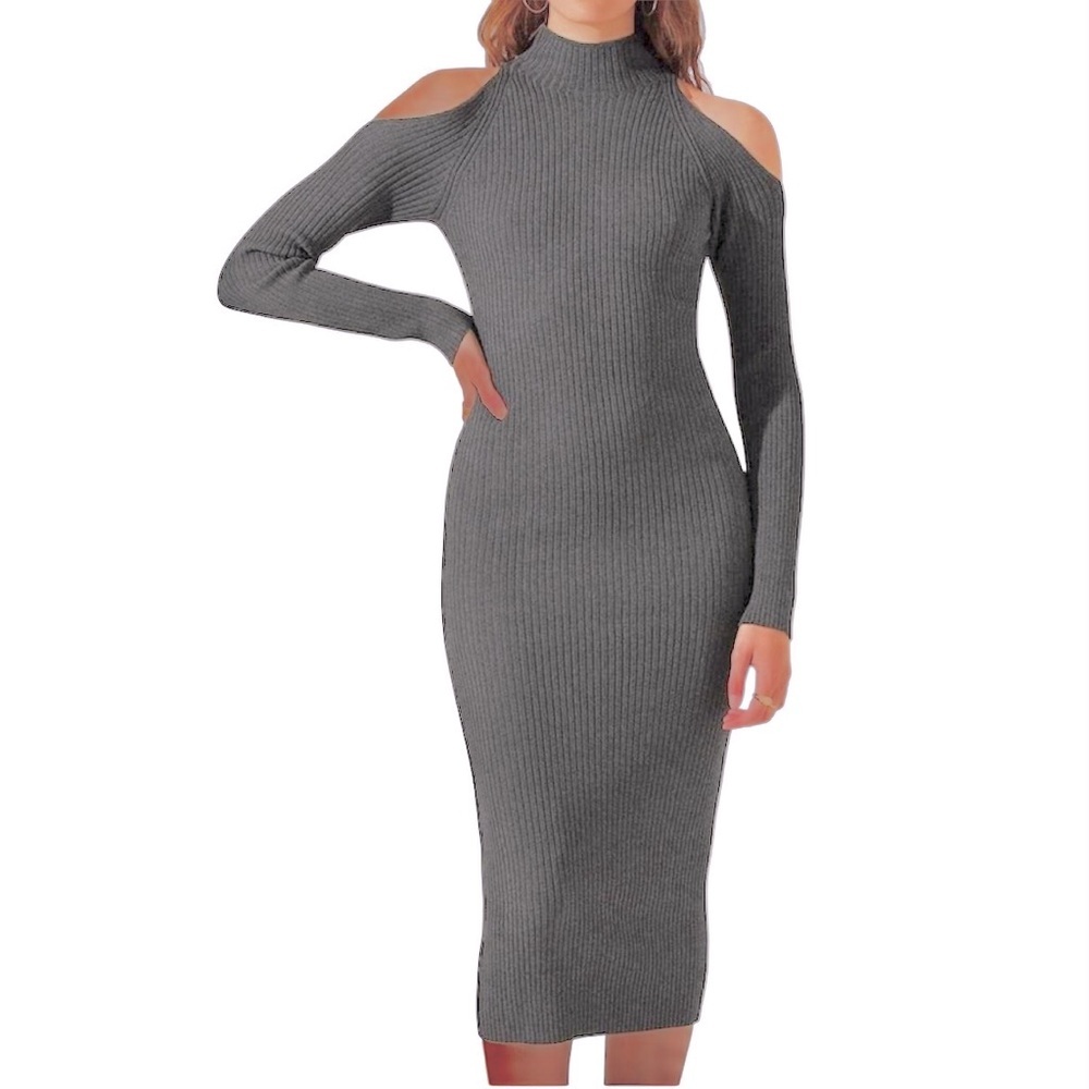 Astr The Label Cold Shoulder Mock Neck Ribbed Grey Sweater Dress Size M